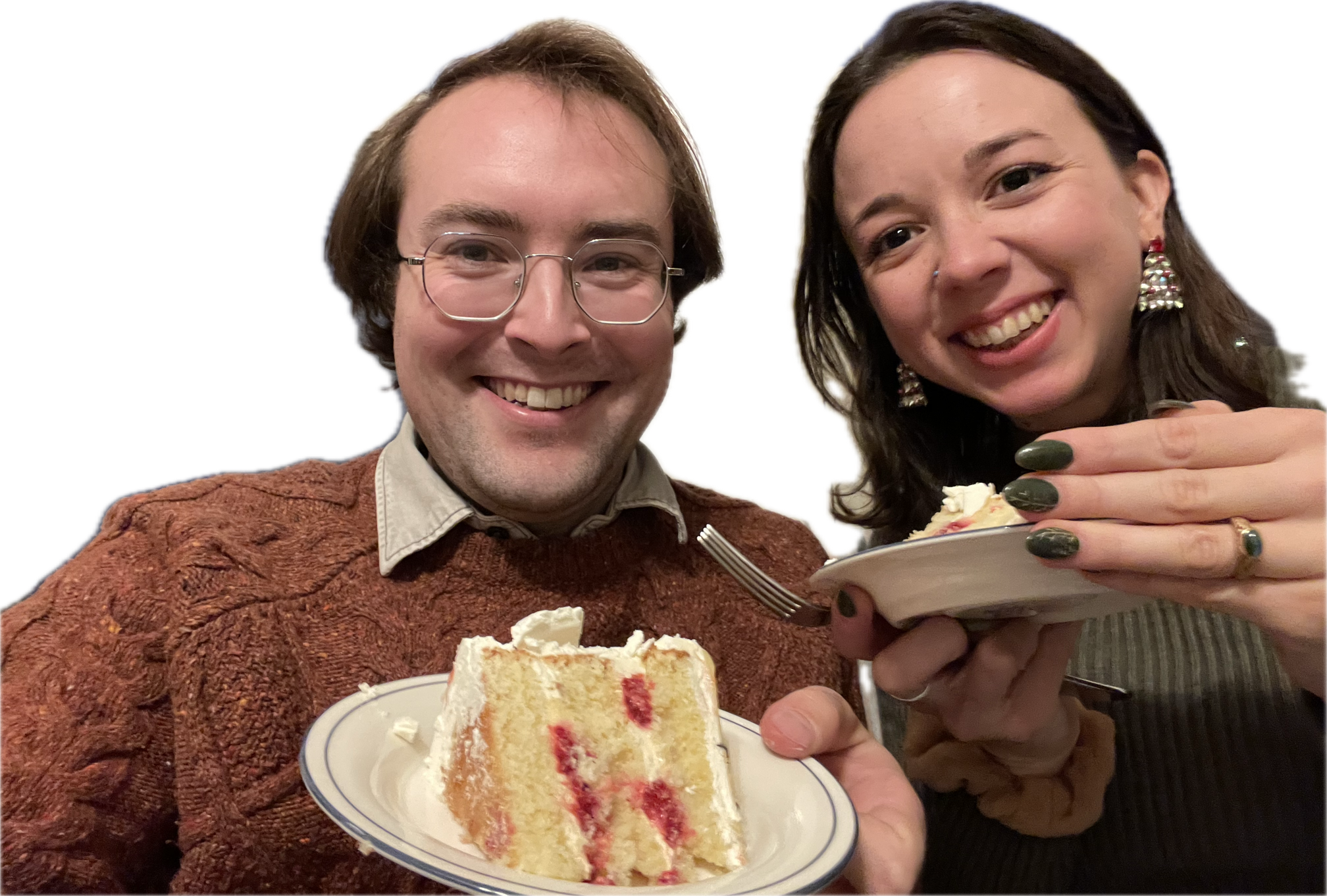 Drew and Shannon holding a slice of cake